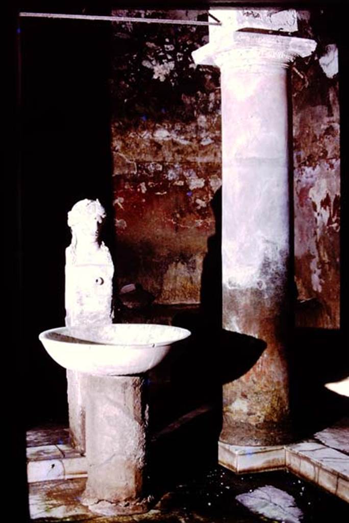 Suburban baths, Herculaneum, 1975. Atrium with fountain bust of Apollo.
Photo by Stanley A. Jashemski.
Source: The Wilhelmina and Stanley A. Jashemski archive in the University of Maryland Library, Special Collections (See collection page) and made available under the Creative Commons Attribution-Non Commercial License v.4. See Licence and use details. J75f0723